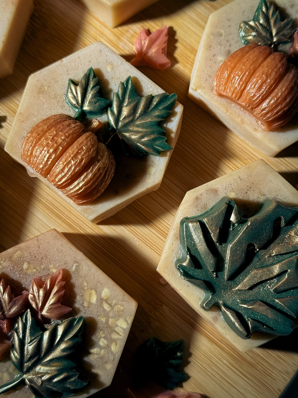 Pumpkin Snickerdoodle Soap Duo with pumpkin and leaf embeds